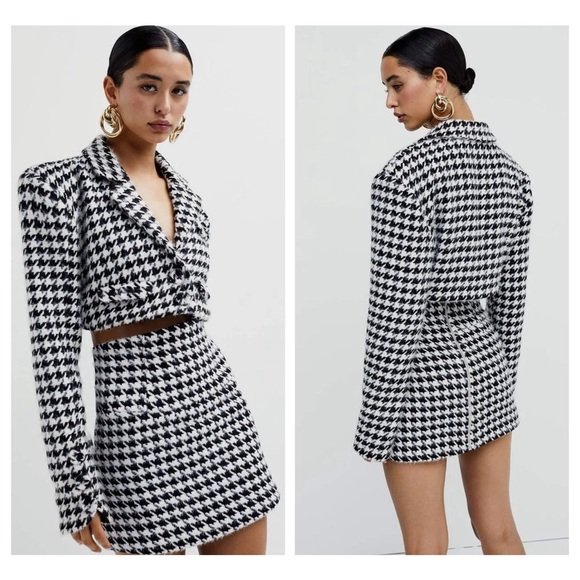 For Love and Lemons Bonnie Cropped Blazer Mini Skirt Houndstooth Suit Set Size M - Picture 2 of 16